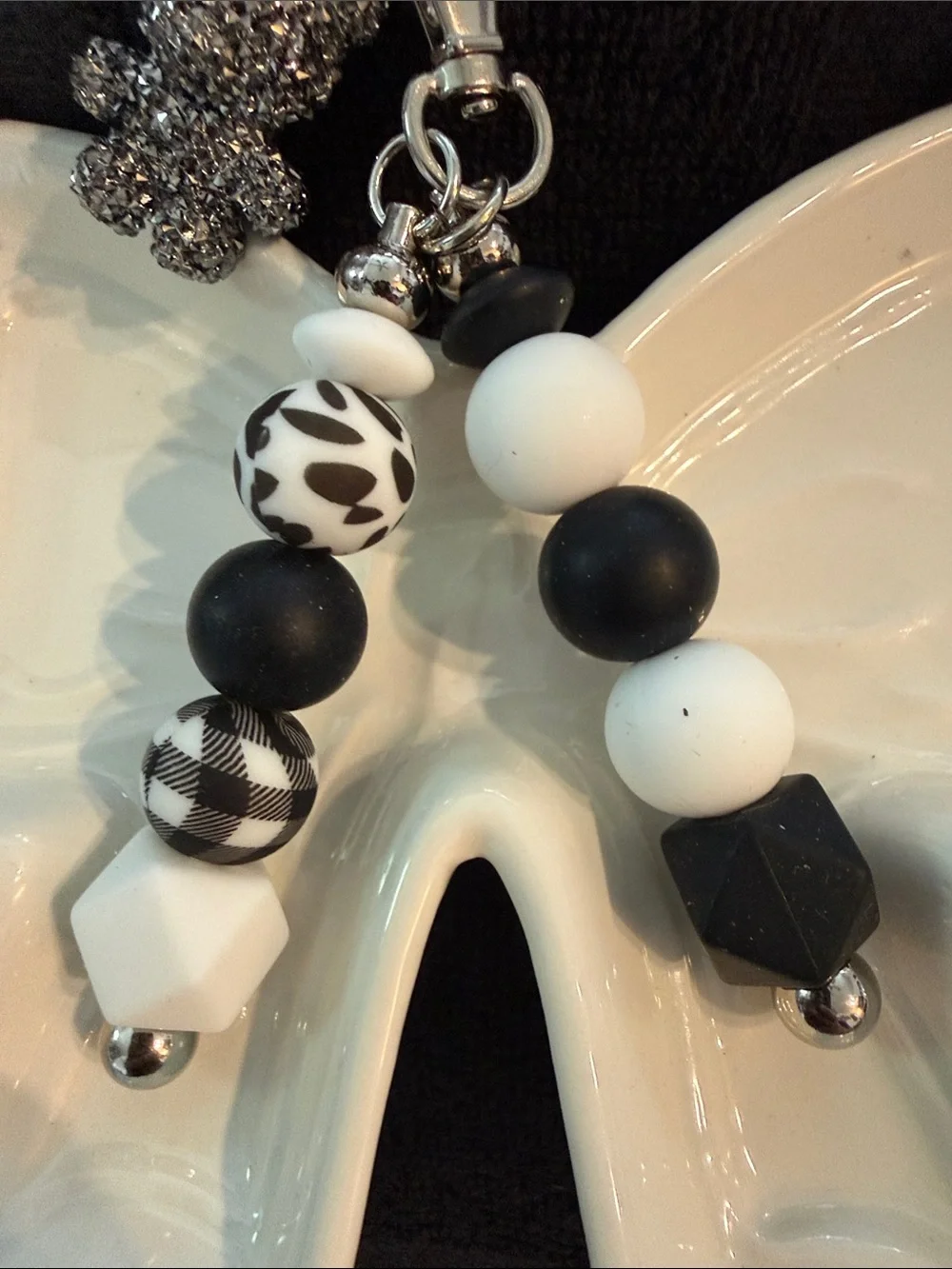 Black & White Beaded Keychain with Glitter Bear Charm